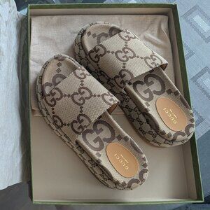 Gucci Brown Beige GG Canvas Slide Sandals